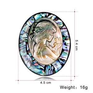 Vintage style oval shell brooch with female relief cameo and colorful abalone shell inlay