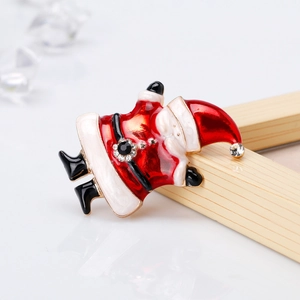 Festliche Weihnachtsmann-Brosche mit roter Emaille, schwarzen Steinen und Strass