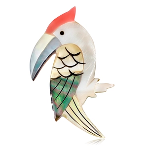 Elegante specht broche gemaakt van natuurlijke abalone schelp en parelmoer inleg