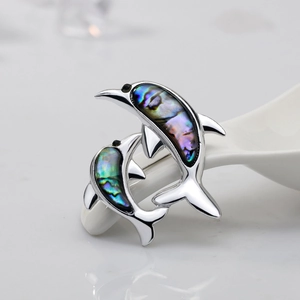 Exquisite double dolphin brooch made of colorful natural abalone shell and silver metal