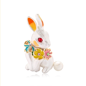 Cartoon Cute Rabbit Brooch Alloy Enamel Colorful Floral Animal Lapel Pin Rhinestone Faux Artificial Pearl Brooch For Women Suit Accessories