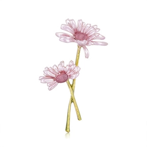 Close-up of pink enamel daisy brooch with gold plating and pearlescent petals