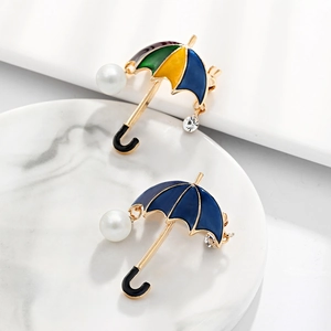 Elegant gold umbrella brooch pins with colorful enamel pearls and dangling rhinestones
