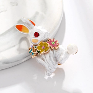 Creative white enamel rabbit brooch with colorful floral collar and pearl tail detail
