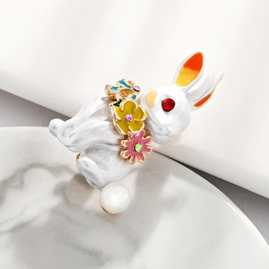 Creative rabbit brooch with colorful enamel flowers, red rhinestone eye and pearl tail
