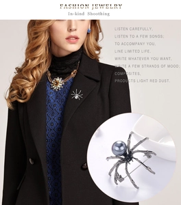 Detailed macro view of a large silver pearl on an insect spider brooch for fashion jewelry