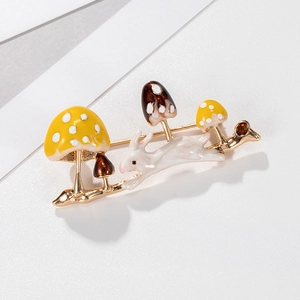 Cute rabbit and mushroom alloy brooch with golden finish and colorful enamel detailing