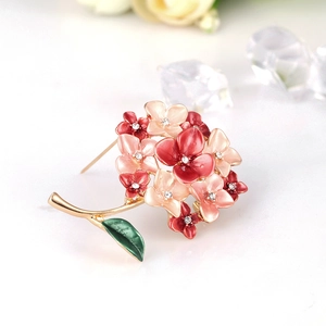Elegant floral hydrangea brooch with pink enamel petals, pearls and gold finish stem