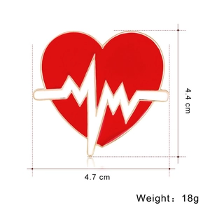Detailed view of red heart brooch with EKG line, size 4.7cm by 4.4cm measurement