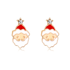 Detailed close-up of festive Santa Claus stud earrings with red enamel and crystal accents