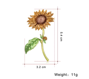 Vue détaillée de la broche tournesol avec dimensions 5,4cm x 3,2cm et poids de 11g
