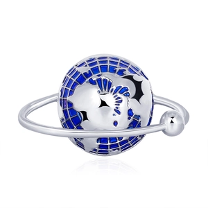 Fashionable globe planet brooch with blue enamel and orbiting silver bead detail