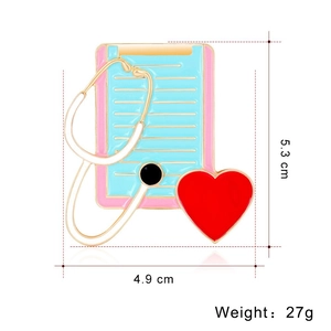 Detail view showing dimensions of medical enamel brooch with stethoscope and heart