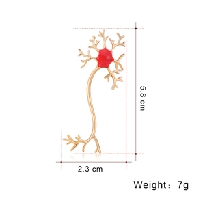 Detailed view showing dimensions of golden neuron cell brooch with red enamel