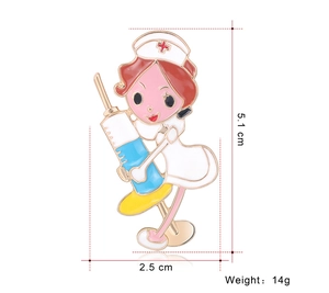 Detailed view of cartoon nurse enamel brooch with size specs and blue syringe detail