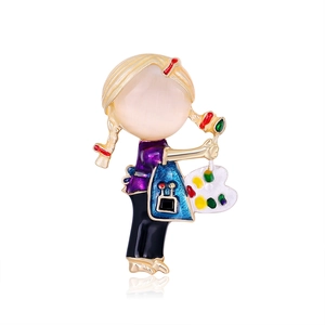 Cartoon Artist Painter Girl Enamel Brooch Alloy Drip Oil Palette Pin For Women Clothes Backpack Decoration Art Lover Gift