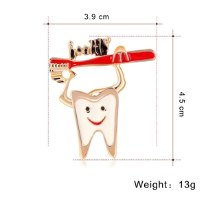 Detail of cartoon tooth brooch with red toothbrush and Healthy text measurement 3.9x4.5cm