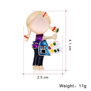Artistic painter girl brooch in purple outfit with palette and brush, size 4.1cm x 2.5cm