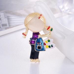 Artistic girl brooch with purple braided hair and opal stone head on white stand