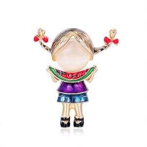 Retro girl brooch with cat eye stone and enamel watermelon detail on gold metal