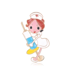 Cute cartoon nurse enamel brooch with blue syringe and red cross hat on white background