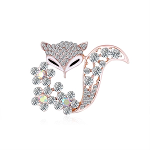 Broche renard élégante avec strass et fleurs en émail sur monture or rose
