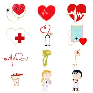Medical Theme Alloy Enamel Brooch Pin Heart Stethoscope ECG Cartoon Nurse Doctor Rhinestone Badge For Women Professional Jewelry