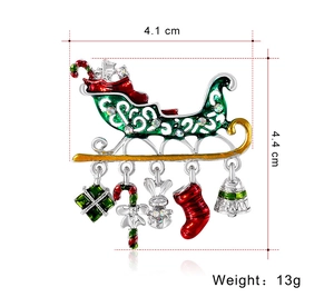 Detailed specs of Christmas sleigh brooch with size 4.1x4.4cm and colorful charms