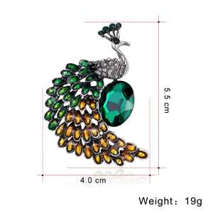 Broche paon vintage en alliage rétro avec cristaux verts et strass, hauteur de 5,5 cm