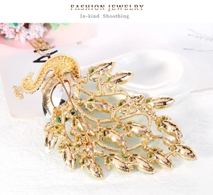 Detail view of the secure pin fastener and golden alloy backing of the peacock brooch