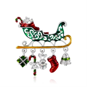 Christmas Sleigh Enamel Brooch For Women Alloy Rhinestone Dangle Pendants Holiday Santa Gift Box Bell Sock Reindeer Pin Jewelry
