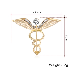 Golden Caduceus medical brooch with rhinestones and dimensions showing 3.7cm width