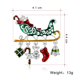 Christmas sleigh brooch with colorful holiday charms and rhinestones, 4.1cm by 4.4cm