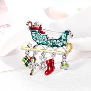 Christmas sleigh brooch with colorful enamel charms and rhinestones on alloy base