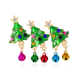 Christmas tree brooch with colorful rhinestones and hanging bells for festive styling