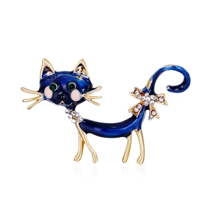 Broche Chat en Émail Bleu Mignonne pour Femmes Épingle Animal en Alliage Plaqué Or Avec Yeux en Strass Accessoires de Mode pour Costume