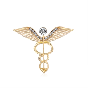 Gold Plated Alloy Caduceus Medical Brooch With Rhinestones Winged Staff Lapel Pin For Doctors Nurses Fashion Jewelry