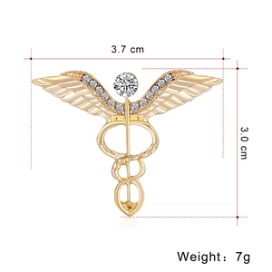 Golden Caduceus brooch with sparkling rhinestones, 3.7cm x 3.0cm medical fashion pin