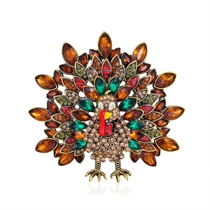 Vintage turkey brooch with colorful rhinestones and gold alloy for Thanksgiving