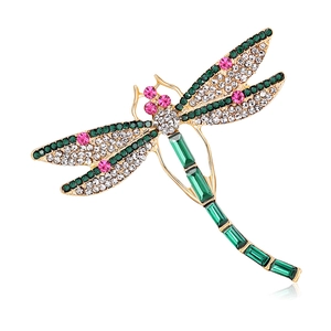 Exquisite golden dragonfly brooch with colorful rhinestones and green crystal wings
