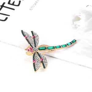 Exquisite gold dragonfly brooch with crystals and green gemstones for jackets