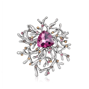 Broche branche de corail vintage avec gemme violette triangulaire et strass colorés