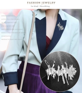 Detail showing irregular molten metal texture of the silver brooch on a mint green suit