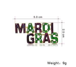 Detailed size view of a Mardi Gras brooch with purple green enamel and white rhinestones