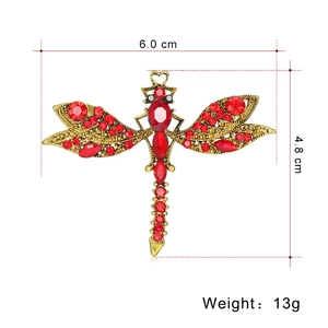 Vintage gold dragonfly brooch with red rhinestones and crystal wings for women and men