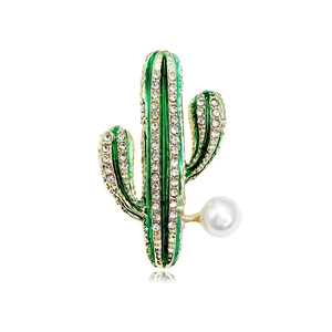Elegant gold cactus brooch with green enamel, white rhinestones and a pearl accent