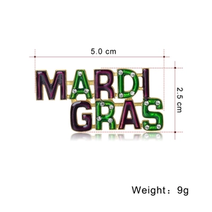 Mardi Gras themed gold brooch with purple and green enamel and crystal letter charms