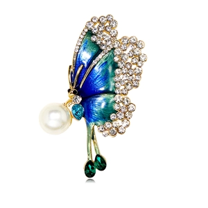 Butterfly Brooch Pin Alloy Enamel Blue Green Gradient Rhinestone Faux Artificial Pearl Vintage Elegant Suit Accessory For Women
