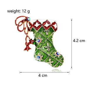 Christmas stocking brooch in red and green enamel with rhinestones, 4.2cm x 4cm size