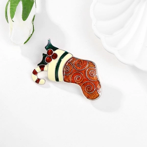 Exquisite Christmas stocking brooch with red berries and candy cane in enamel finish